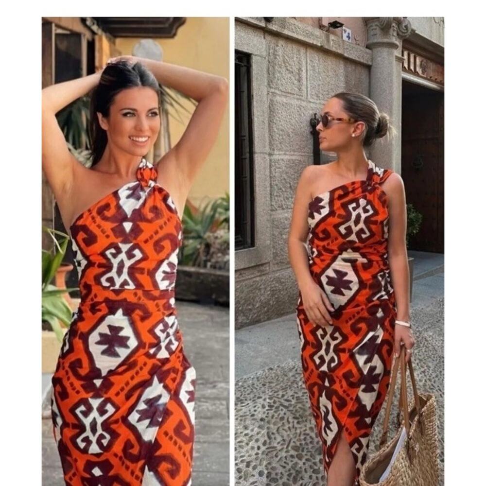 Zara Asymmetric Size Med Orange Dress Bloggers favorite 2025